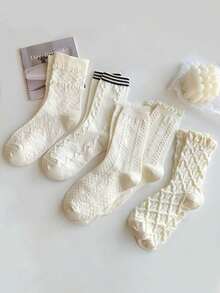 5双装白色蕾丝边时尚百搭中筒袜（女士款） - 彩色 - 查看 6