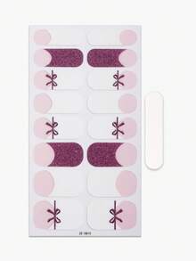 16片法式美甲贴，粉紫色蝴蝶结亮片全覆盖美甲贴纸，沙龙级效果，易于粘贴，是女士日常休闲DIY美甲的理想之选。美甲用品 - 白色 - 查看 3