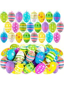 24个/12个复活节树挂饰，彩色塑料复活节彩蛋挂饰，手绘复活节彩蛋树挂饰，篮子DIY工艺品，复活节派对礼物，手工树挂饰，复活节彩蛋节日及派对装饰品 - 彩色 - 查看 1