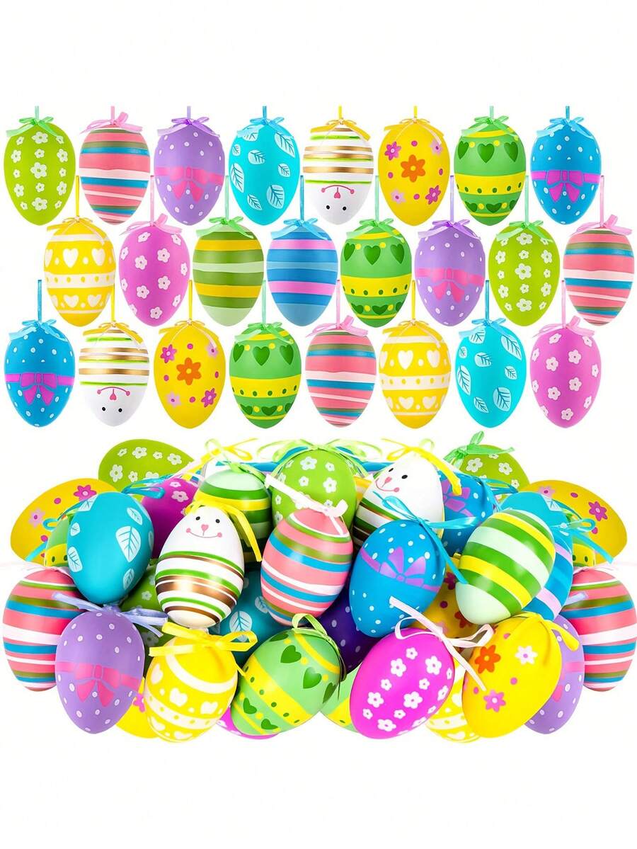 24个/12个复活节树挂饰，彩色塑料复活节彩蛋挂饰，手绘复活节彩蛋树挂饰，篮子DIY工艺品，复活节派对礼物，手工树挂饰，复活节彩蛋节日及派对装饰品 - 彩色 - 查看 1