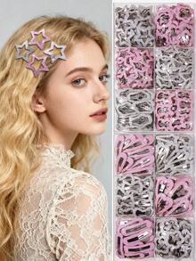 20pcs/Set Girls Pink & Silver Glitter Star, Heart, Meteor, Water Drop, Cloud, Bow, Bear Random Style Cute Princess BB Hair Clips, Bangs Hairpins, Everyday Use, Claw Clips, Snap Clip , Hair Barrettes, Hair Accessories For Women, Head Accessories - Multicolor - View 9