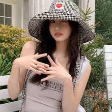 Heart Patch Plaid Bucket Hat For Women, 2016 Spring Style, Brim Sun Protection, Versatile - Heart-shaped Fisherman's Hat - View 4