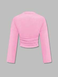 Nueva blusa elegante de manga larga con cuello redondo y volantes de unicolor, adecuada para vacaciones, citas, escuela, viajes y uso diario en primavera - rosa - Ver 7
