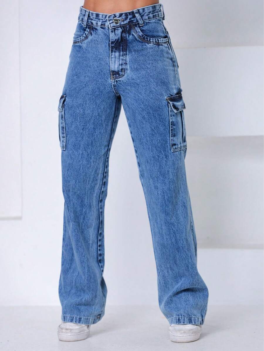 Wide Leg Cargo Jeans With Side Pockets - Blue - View 1