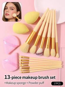 17pcs Makeup Brush Set For Beginners, Soft Hair Eye Shadow Brush, Powder Brush, Blush Brush With Makeup Sponge, Complete Makeup Tools - Yellow - View 3