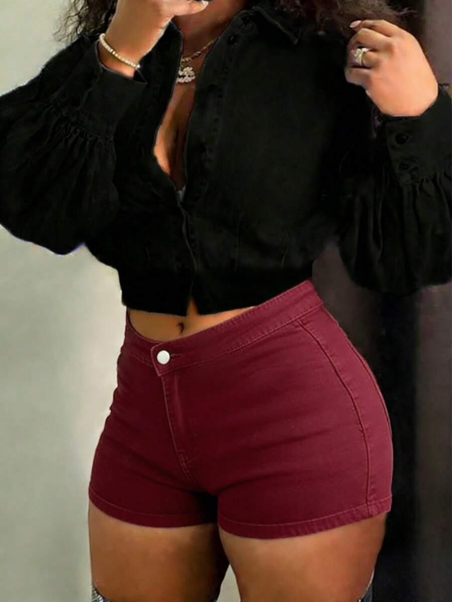 Women's Mid Rise High Stretch Denim Shorts - Light Blue Washed Slim Fit Butt Lifting Hot Pants, American Retro Y2K Style For Daily Wear & Music Festival - Màu Đỏ Sâu - Xem 1