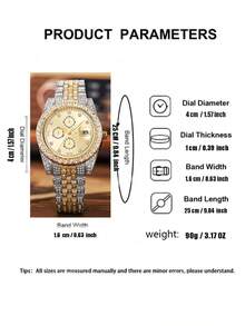 1件时尚简约罗马数字表盘全水晶不锈钢石英表，适合日常佩戴、生日、送礼、周年纪念、光棍节、万圣节促销等场合，不含礼盒 - 金色 - 查看 5