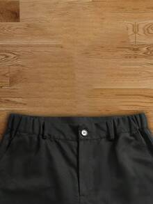 Men's Black Wide Leg Cargo Pants With Contrast Stitching And Button Waist, Street Style - Black - View 7