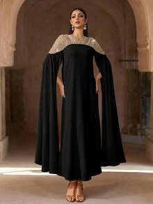 عباءة كفتان أنيقة بياضاء طويلة الأكمام، مزينة بخرز فاخر، عباءة طويلة فاخرة، كريمة ومناسبة، فستان نسائي بطراز عربي - الأسود - مشاهدة 6