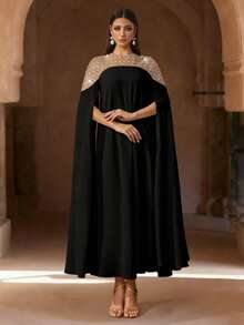 عباءة كفتان أنيقة بياضاء طويلة الأكمام، مزينة بخرز فاخر، عباءة طويلة فاخرة، كريمة ومناسبة، فستان نسائي بطراز عربي - الأسود - مشاهدة 3