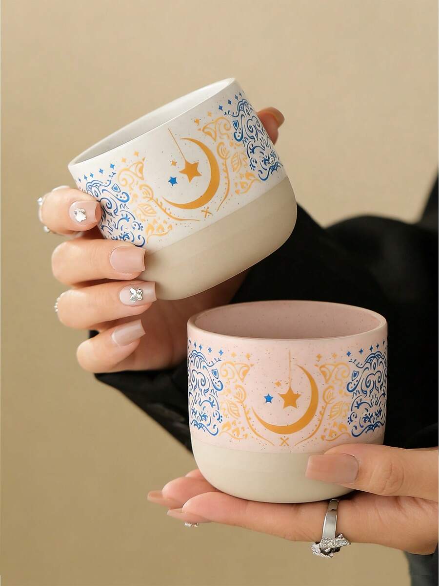 1/4 Pcs Islamic Style Ceramic Mug, Moon & Star Pattern, 230ml/7.78oz, Red, Suitable For Daily Home Use, Can Hold Tea/Coffee/Espresso, Ramadan/Eid Al-Fitr Tableware Gift - Multicolor - View 1