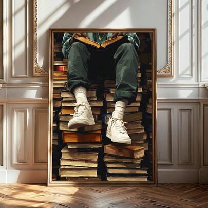 1pc Framed/Unframed Reading Bookish Canvas Poster Book Stack Sneaker Fashion Wall Art Print Book Nook Aesthetic Decor Painting For Dorm,Living Room,Bedroom,Modern Home Decoration