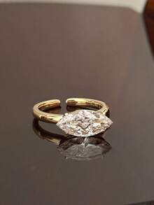 rundraw 1枚/2枚新款橄榄形双层包裹几何可叠戴简约优雅铜锆石金色开口戒指，女士适用，适合派对、通勤、宴会、订婚、婚礼、日常穿搭配饰，节日和周年纪念日送给朋友和情侣的最佳礼物 - 金色 - 查看 8