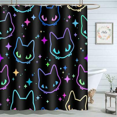 1件装简约彩色线条猫咪图案浴帘，现代可爱动物涂鸦印花浴帘，非常适合浴室装饰、通用房间装饰、家居装饰套装、浴室配件浴缸帘