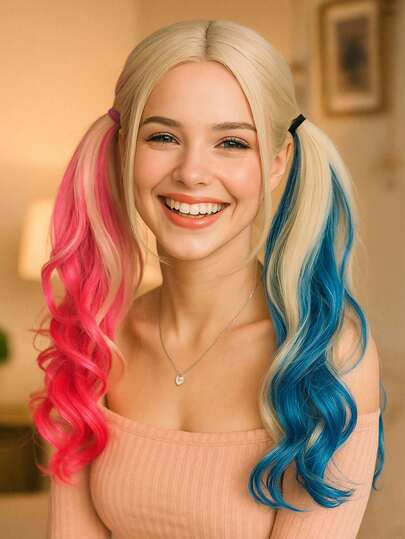 Parrucca sintetica lunga e riccia nei colori oro, rosso e blu, con riga centrale, adatta per donne e ragazze, ideale per cosplay, Ognissanti, balli in maschera, feste, festival musicali e altre occasioni