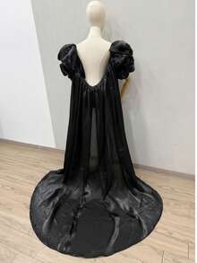 1pc Burgundy Satin Bridal Cape, Luxury Cloak With Puff Sleeves & Long Train, 170cm - Multicolor - View 8