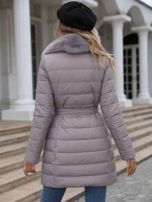 Áo khoác mùa đông dài tay, màu trơn, cổ lông giả, thắt eo dành cho nữ, kiểu dáng thường ngày. - Xám - Xem 2