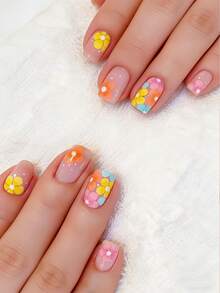 Mejora tu apariencia instantáneamente con 24 uñas postizas de tamaño mediano y forma cuadrada. Diseño de flores amarillas y color albaricoque para y verano. Uñas postizas de cobertura completa para mujeres y niñas, incluye 1 hoja de pegatinas adhesivas y 1 lima de uñas mini. Adecuado para fiestas, citas y uso diario en la oficina. Se envía aleatoriamente con pegamento de gelatina. - Multicolor - Ver 1