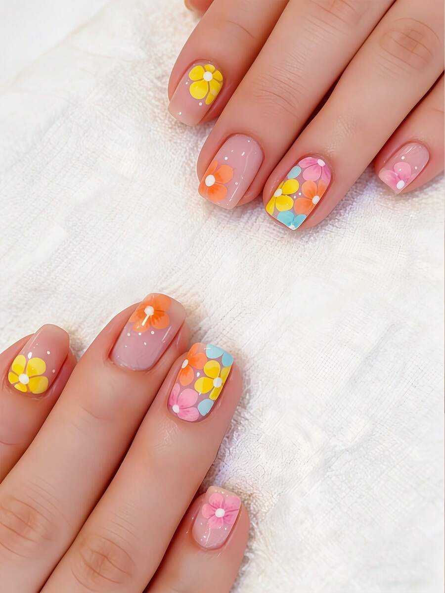 Mejora tu apariencia instantáneamente con 24 uñas postizas de tamaño mediano y forma cuadrada. Diseño de flores amarillas y color albaricoque para y verano. Uñas postizas de cobertura completa para mujeres y niñas, incluye 1 hoja de pegatinas adhesivas y 1 lima de uñas mini. Adecuado para fiestas, citas y uso diario en la oficina. Se envía aleatoriamente con pegamento de gelatina. - Multicolor - Ver 1