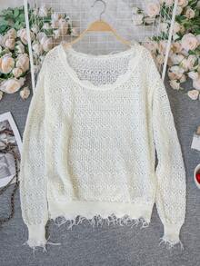 夏季米色做旧镂空针织上衣 - 优雅纯正的Yurty性感休闲街头Y2K长袖露肩毛边宽松束腰女式针织上衣和女式衬衫 | 适合年轻女士、女士、甜美女孩、Y2K女孩和性感女孩，完美适用于情人节/妇女节/母亲节/休闲聚会/海滩度假/派对聚会/返校季/婚礼季/音乐节/2026做旧针织上衣 - 杏色 - 查看 8