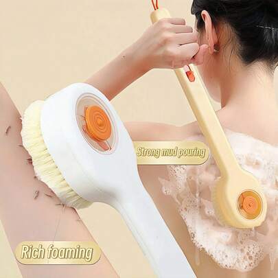 1个可填充沐浴刷，推拉式液体分配器，软毛长柄沐浴刷，去角质磨砂背部刷，用于身体清洁