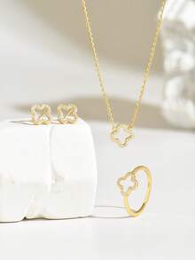 4pcs/Set Fashionable Minimalist S925 Silver Hollow Flower Pendant Necklace, Earrings, Ring Jewelry Set For Women, Daily Wear & Gift - Yellow Gold - View 4
