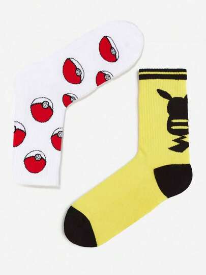  Pokemon 1/2 Pairs Cute Cartoon Print Breathable Soft Mid-Calf Socks, Reinforced Heel And Toe For Durability, Unisex For All Seasons