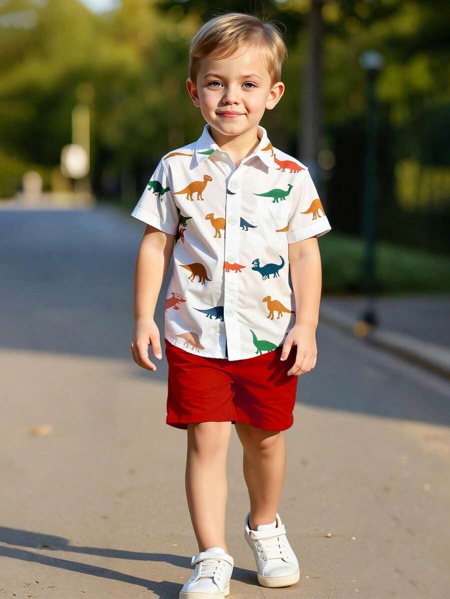 2 Stücke Jungen Dinosaurier Muster Kurzarm Hemd und Shorts Set, bequemer lässiger Sommer Outfit - Rot - Übersicht 1