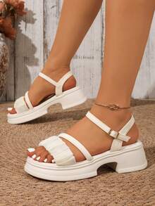 2026 New Pleated Vamp Beach Gold Buckle Home Casual Fashion Sandals, Lace Mesh Soft Wedge Thick Bottom Round Toe Leisure Sports Sandals, Countryside Vacation Sandals - Beige - View 3