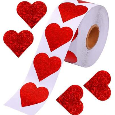 1pc/2pcs 500pcs 1.5inch*1.4inch Valentines Glitter Red Heart Stickers, 1.5" Heart Decorative Labels 500 Per Roll, Valentine's Day Love Decorations For Wedding, Anniversaries,Wedding, Engagement Party Decoration