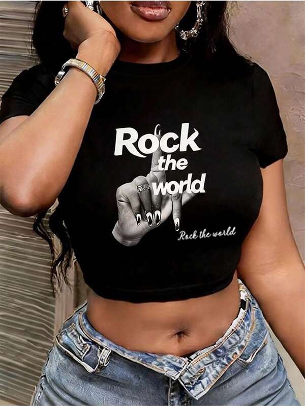Tricou negru, elegant, casual, pentru femei, cu mânecă scurtă, guler rotund, model unic imprimat, top negru pentru femei, potrivit pentru ținute minimaliste, sport, facultate, Ziua Îndrăgostiților, Anul Nou