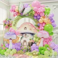 117pcs Fairy Tale Balloon Arch Decoration Set, Pink, Purple, Light Green Latex Balloons With Butterfly & Mushroom Foil Balloons, Suitable For Butterfly Theme Girl's Wonderland, Baby Shower, Birthday, Spring Garden Tea Party Decor - Pink Green - View 2