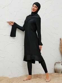 VFJ Dignified Women's Black Round Neck Full Coverage Burkini Swimwear, Long Sleeves, High Waist Leggings, Arabic Swimwear - Black - View 6