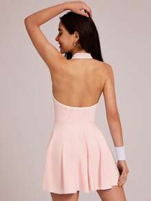 VUTRU Halter Backless Polo Collar Sports Dress, Anti-Flashing Tennis Skirt, Golf Dress - Baby Pink - View 2