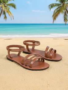 1双棕色女童平底凉鞋，编织皮革三带设计，后跟松紧带，圆头软底防滑，时尚可爱波西米亚公主风沙滩凉鞋，适合3-12岁女童，休闲、沙滩、校园、度假、春夏皆宜。 - 棕色 - 查看 4