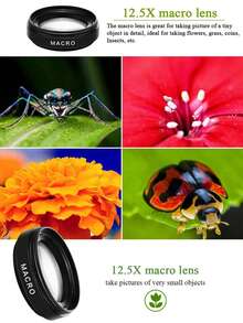 1pc 2 In 1 0.45X Macro Phone Wide Angle Lens Compatible With Iphone Android Phone For Summer Vacation, Travel, Creative Photography Phone Accessories, Phone Lens - Black - View 6