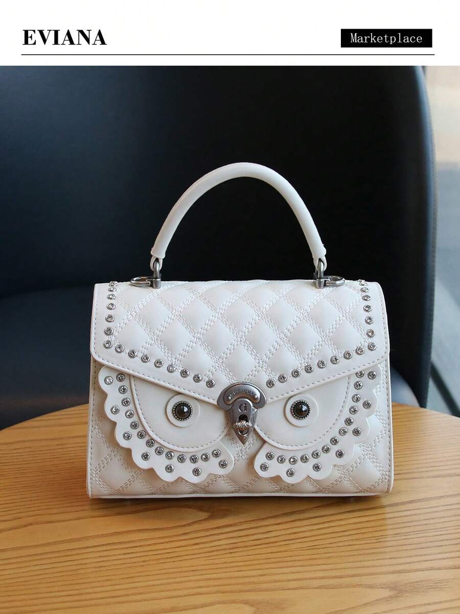 2026新款奢华时尚菱形刺绣铆钉设计手提包，优雅通勤单肩斜挎包，时尚小方包，女士