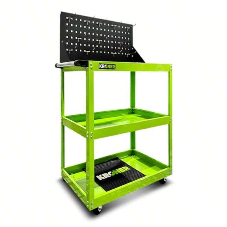 carrito organizadorKroner Carro de Herramientas Metálico 3 Pisos con Panel Porta Llaves Carrito Taller Mecánico con Ruedas y Freno - Verde Y Negro - Ver 1