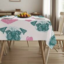1pc Cute Pug Dog & Pink Heart Tablecloth, Featuring Pug Face Print - Turquoise & Pink Puppy Design, Durable Fabric Rectangular Tablecloth, Suitable For Party, Dining Table, Easy To Clean Pet Themed Tableware - Multicolor - View 4