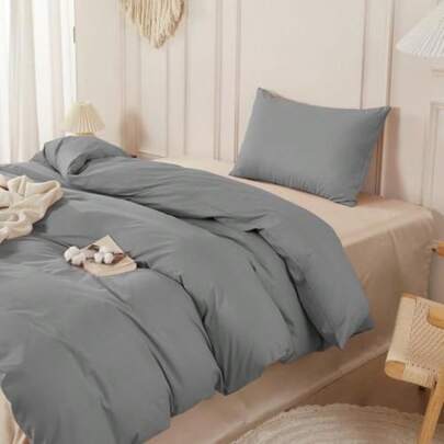SAPHREAS Grey Duvet Cover Set 100% Washed Cotton Single Size 2Pcs 8 Corner Ties Modern Solid Bedding Soft 1 Duvet Cover With Zipper 1 Pillow Shams Comforter Not Included