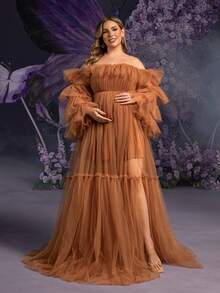 Faeriesty Elegant Maternity Plus Size Soft Brown Off-Shoulder Bell Sleeve Maxi Party Gown | Sheer Mesh & Tulle Fabric, Ruffle Detailing At Neckline Spring - Rust Brown - View 5
