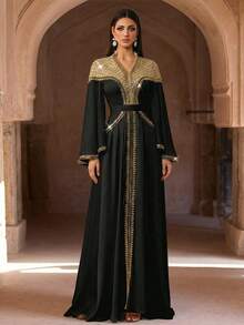Elegant Lime Green Embroidered Formal Long Robe, Decorated With Beaded Corset And Bell Sleeves, Arabic Long Robe, Suitable For Women, Party Robe, Muslim Evening Robe, Formal Robe, Modest And Decent Style - Black - View 4