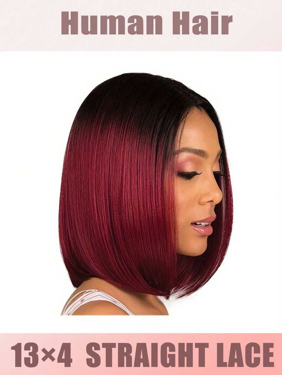 【短发假发】13x4蕾丝前假发，真人发波波头假发，女士款 - 200%密度，打造逼真前额效果，直发，发际线和分缝无需胶水固定，直发波波头真人假发，短款波波头假发，#1/99J色，200%蕾丝前假发，直发真人发假发，13x4透明蕾丝前假发，女士款，预先拔毛，自然发际线，渐变纹理，适合爱美人士 - S1/99J - 查看 1