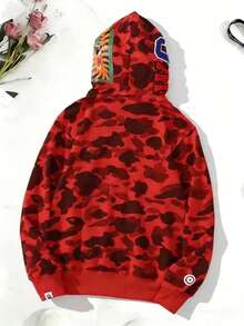 Sudadera con Capucha Unisex Tipo Oversized | Estampado Militar y Bordado de Tiburón | Cremallera Entera, Conjunto a Juego para Parejas | Buzo Ligero pero Abrigado, Ideal para Temporada de Frío - Rojo - Ver 2