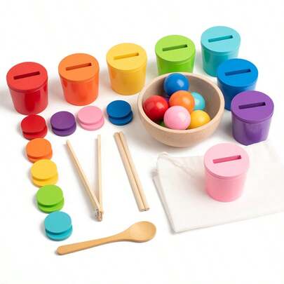 Wooden Sorting Cup Matching Game Toy For Children 3+ Years Old, Trains Hand-Eye Coordination, Chopsticks, Spoon, Clip Skills, Suitable As A Gift