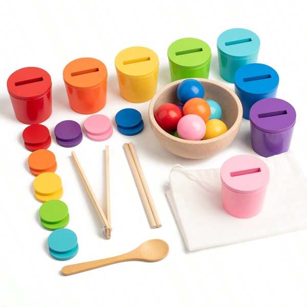 Wooden Sorting Cup Matching Game Toy For Children 3+ Years Old, Trains Hand-Eye Coordination, Chopsticks, Spoon, Clip Skills, Suitable As A Gift
