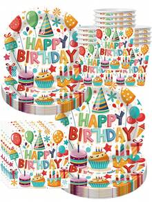 50件套彩色生日派对用品 - 气球、纸杯蛋糕和派对帽图案一次性纸盘、纸杯、餐巾纸、节日餐具，是儿童生日和家庭庆祝活动的理想之选，充满活力的生日装饰派对礼品和必备品 - 多色 - 查看 1