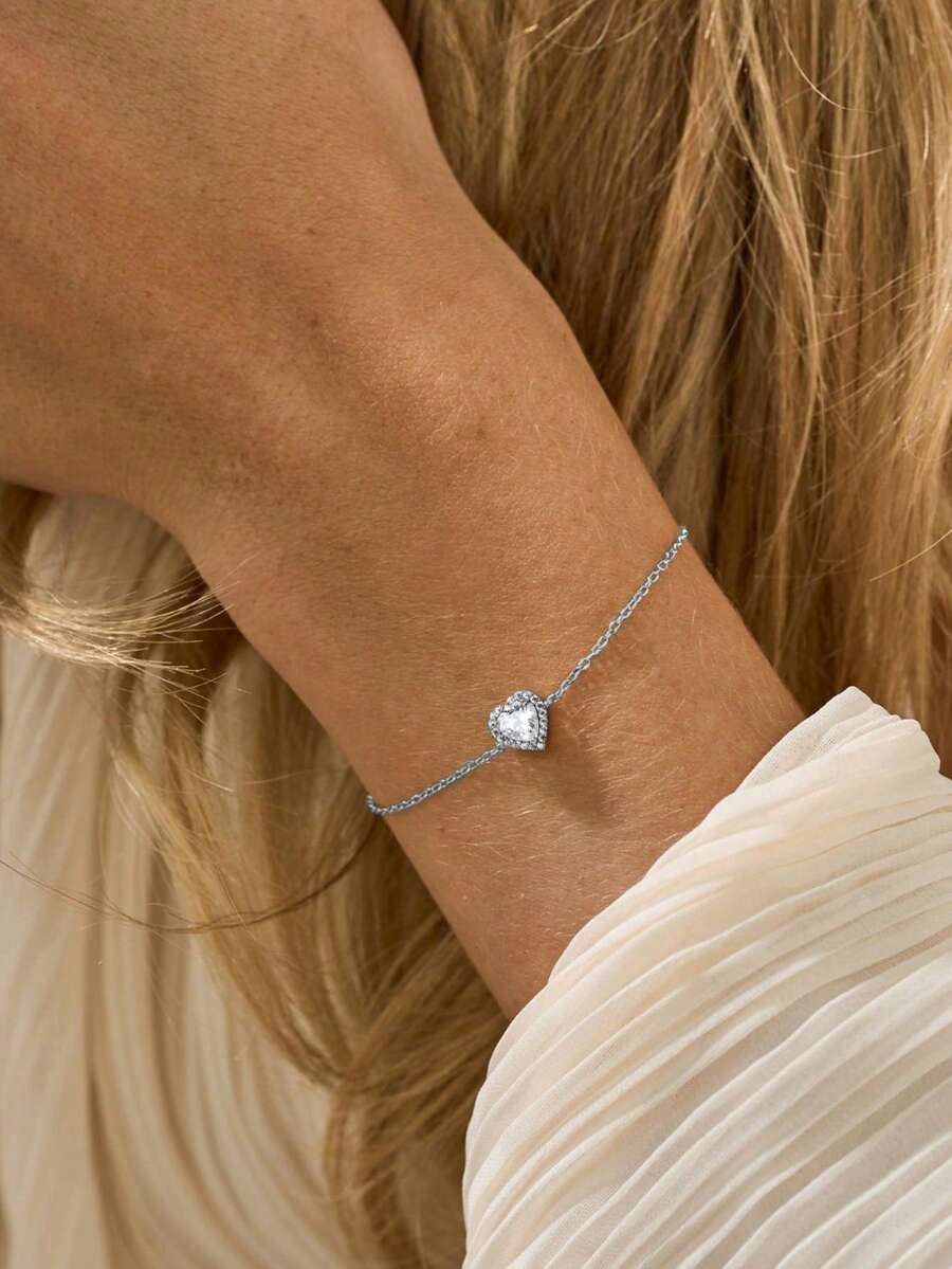 1pc 925 Sterling Silver Heart-Shaped Bracelet, Romantic & Elegant Women's Bracelet, Suitable For Daily Wear, Dates, New Year, Valentine's Day Gifts - Silver - View 1