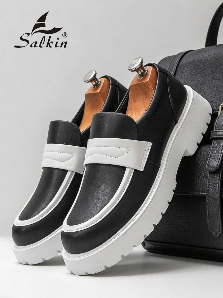 Abfuber New Designer Men's Slip-On Loafers, Soft Leather Upper, Thick Sole, Vintage British Style, Elevator Shoes. Affordable Luxury For Modern Living. Suitable For Back To School, College Students, Graduation Ceremony, Soft & Comfortable Round Toe Formal Dress Shoes, Gentlemen Business Office Commute, Daily Casual, Dating, Party, Wedding, Groomsmen. Recommend Ordering One Size Up. - Black and White - View 1