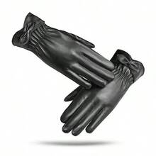 1 Pair Women's Autumn Winter Faux Leather Touch Screen Gloves Fleece Lined Warm Windproof For Cycling Commute - Black - View 7